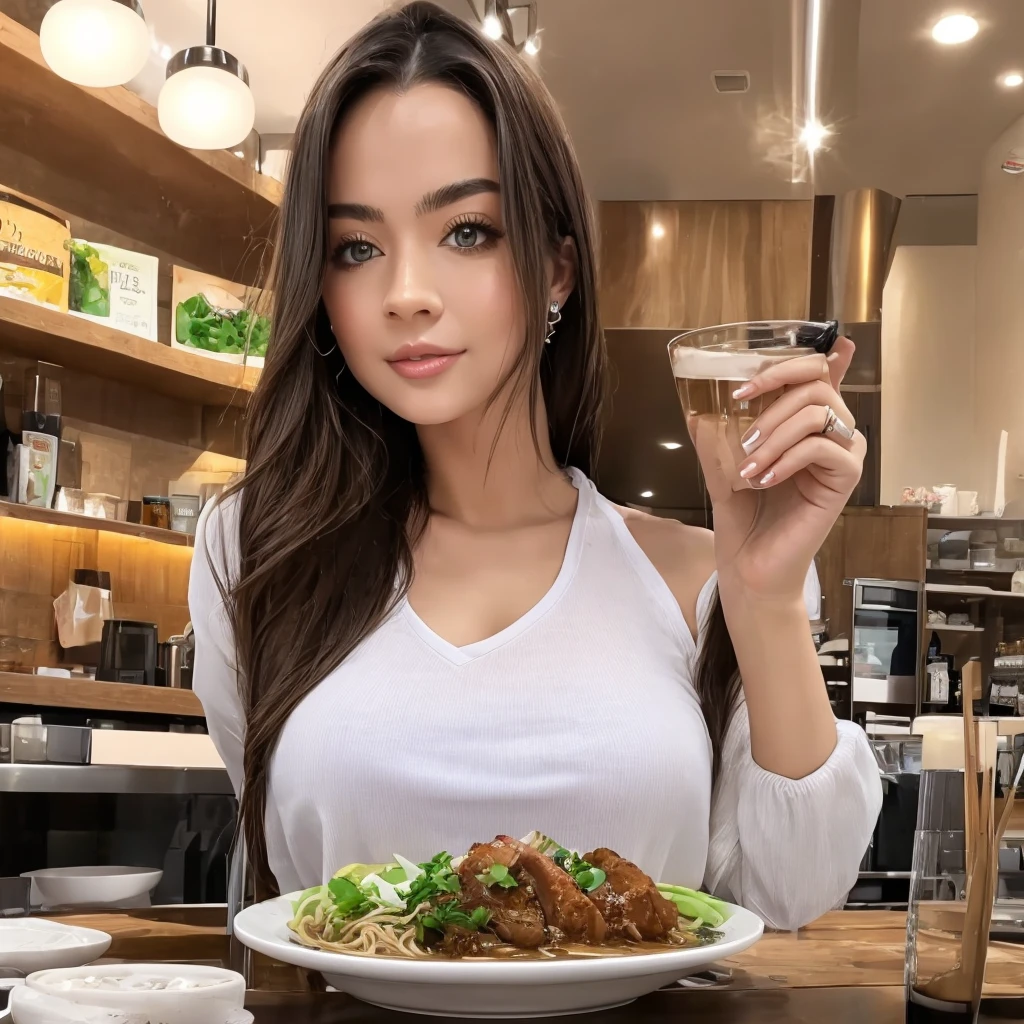 Realistic photo of (1 cute Korean actress), Tank top, in the ramen shop, smiling, CANON EOS, Clear facial features, Close-up portrait, Kinomodus, 8K