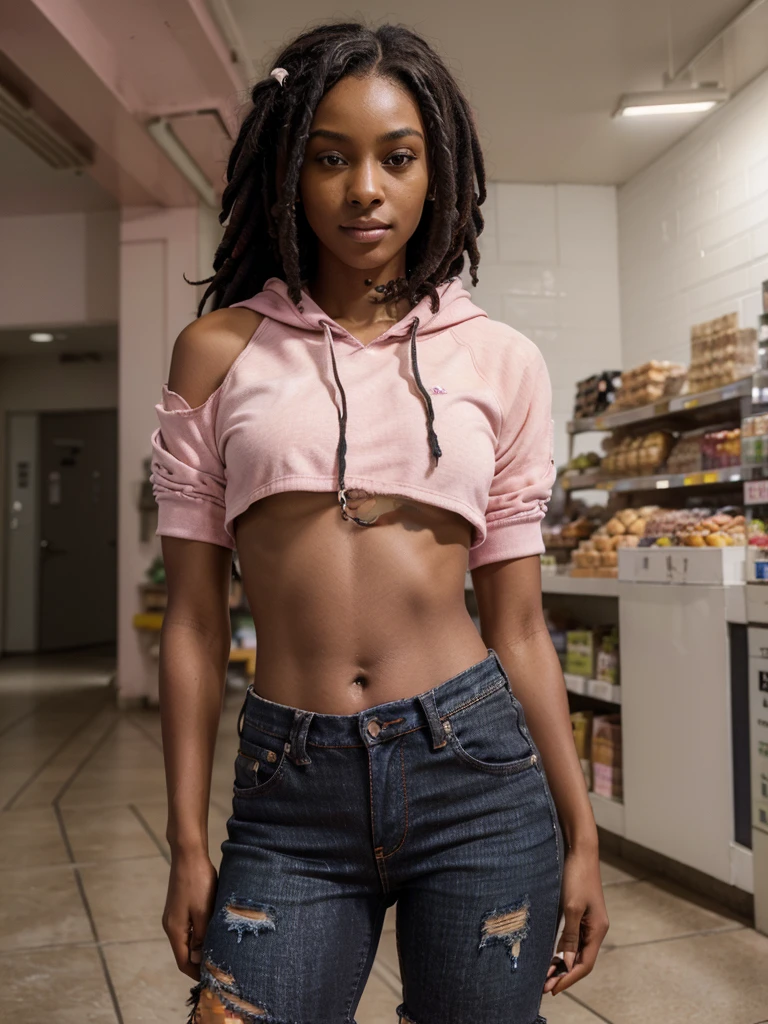 8k, RAW photo, best quality, ultra high resolution, photorealistic, realistic photo of skinny ebony girl, ((skinny ebony girl, 20 years old girl, most beautiful ebony girl in the world, slim face, dark skin, black hair, dreadlocks, dreadlock hair)), inside grocery store bakery aisle, bright light, (full body picture), standing posing for picture, sexy pose, one hand on waist, (wearing (wearing pink lightly ripped cropped hoodie sleeves rolled up), (black short ripped tight jean shorts)), (looking at viewer), smirking, High Detail, Sharp focus, bright light