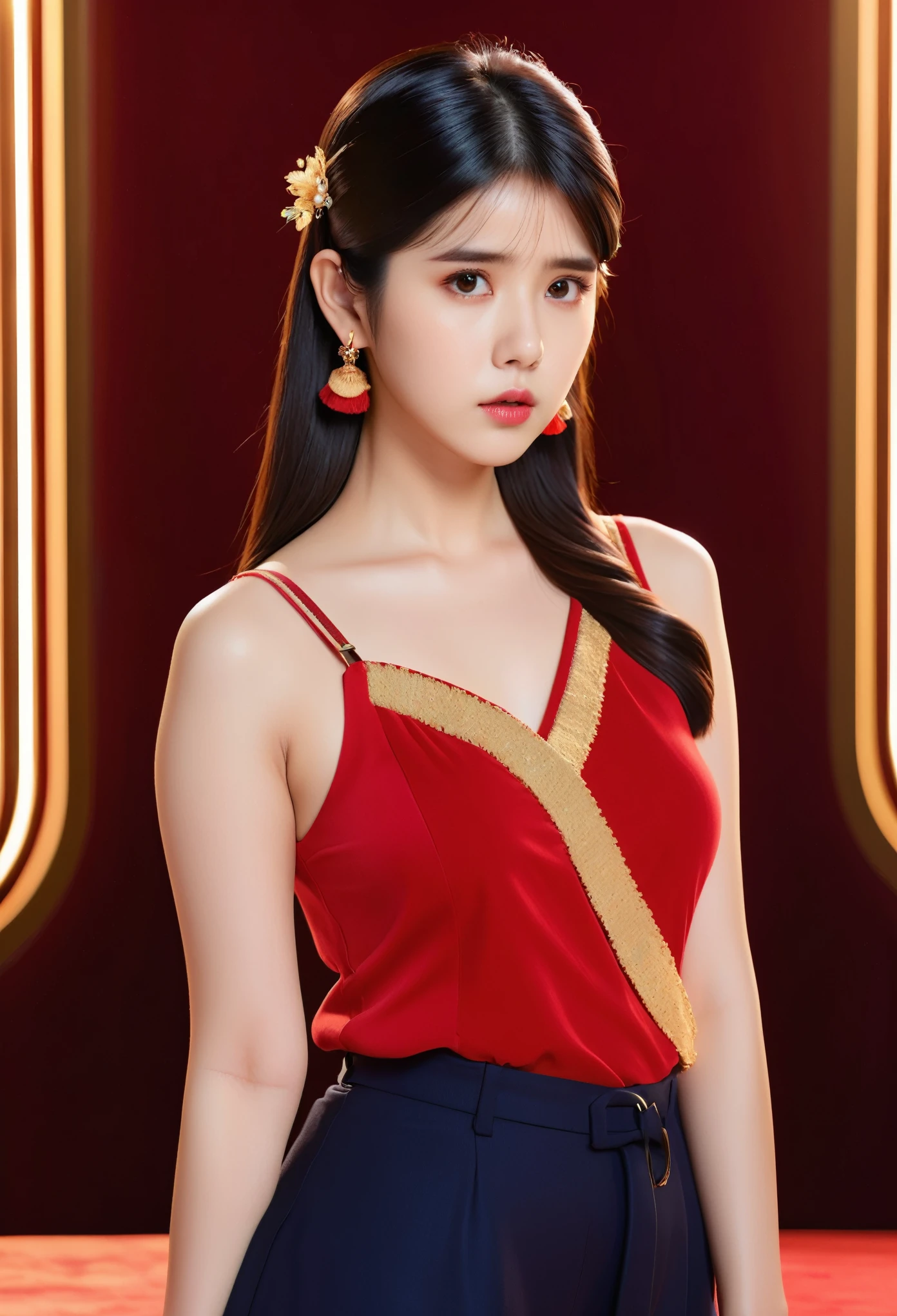 IU1, Serious look, Model shooting style, (Extremely detailed CG unity 8k wallpaper), World Full Body Photos'The most beautiful artwork, Medieval Armor, Professional Majestic Oil Paintings by Ed Blinkey, Artie Green, Studio Ghibli, author:Jeremy Mann, Greg Manzies, Antonio Moro, Very popular on artstation, Popular on CGsociety, complicated, High Detail, Be focused, dramatic, Photorealistic artwork by midjourney and greg rutkowski, Beautify the face,