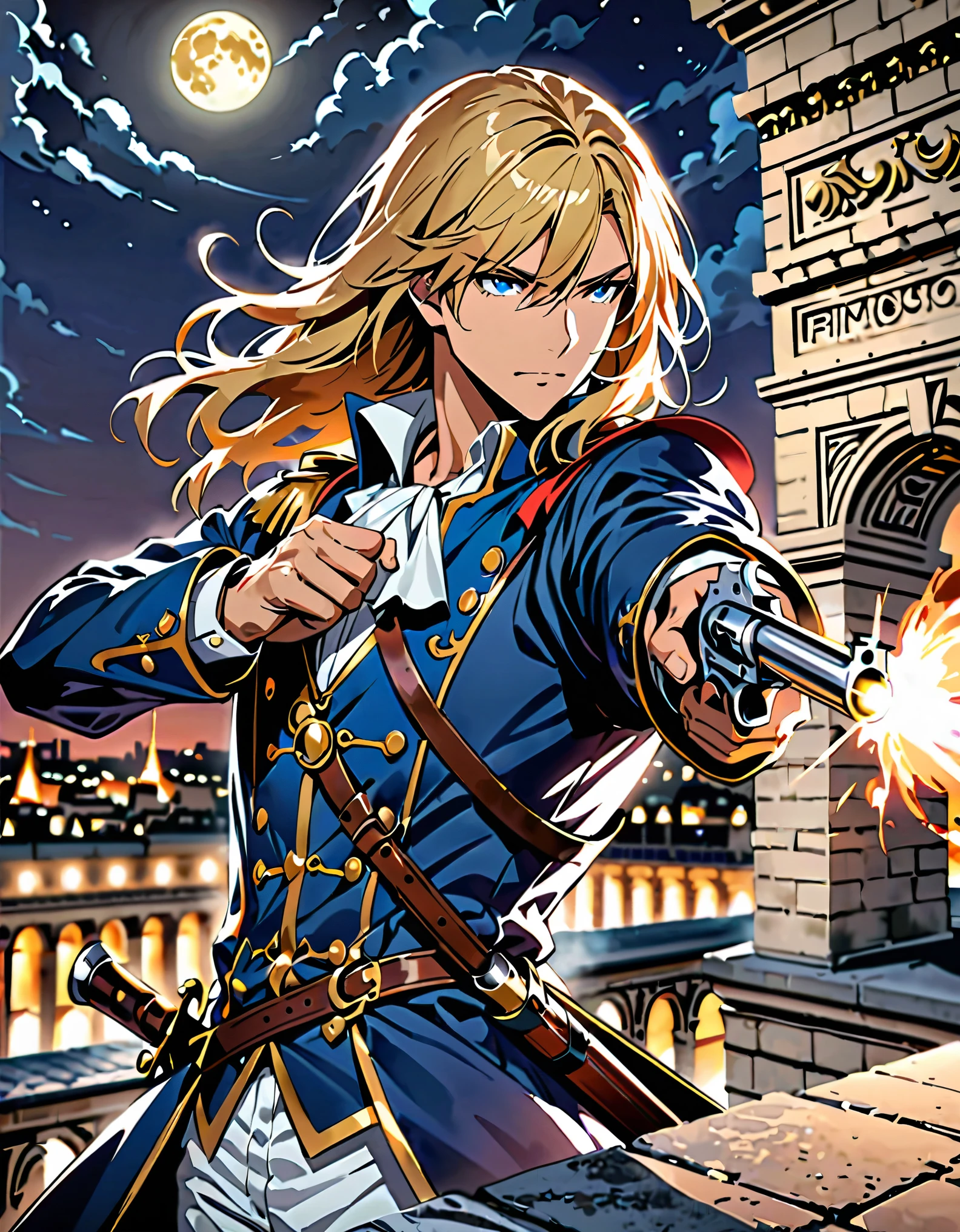 (masterpiece), (best quality), (hires), 1man, solo, solo focus, male focus, dynamic action pose, handsome french male, musketeer, gentleman, holding weapon, holding gun, holding and aiming a flintlock pistol with one hand, muzzle flash, blonde hair, medium hair, hair down, blue eyes, (wearing edgmousquetaire), sheath, looking away, modern paris, night, outdoors, rooftop, ledge, arc de triomphe, full moon