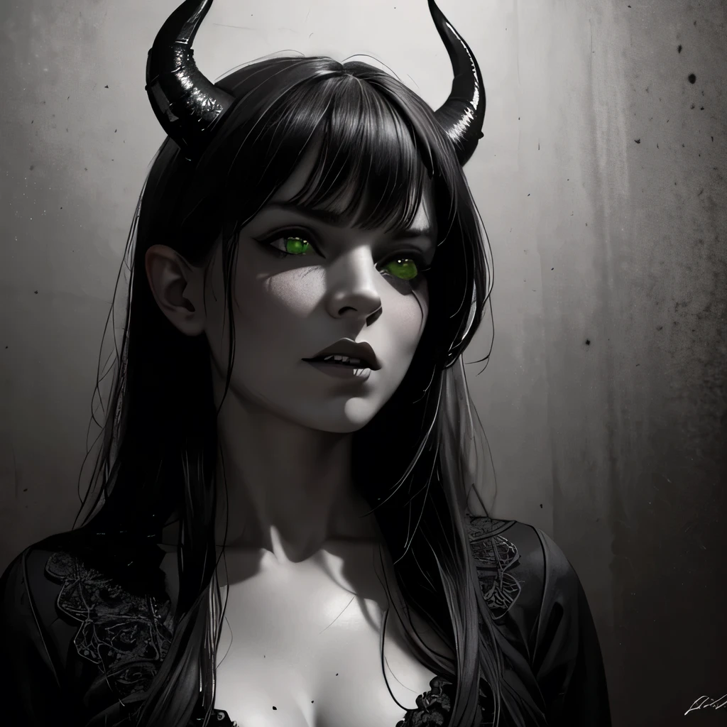 "(best quality,highres),(realistic,photo-realistic:1.37),(horror,portraits,black and white:0.9),devil horned girl,green eyes,intense expression,detailed face,sharp contrast,sinister atmosphere,gritty texture,haunting shadows,evil grin,eerie lighting,demonic horns,mysterious background"