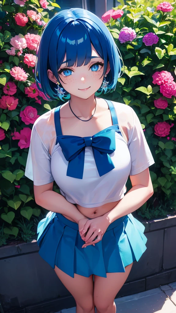 Girl, blue hair, blue eyes, short hair, flowers earrings, freckles, big boobs , transparent white t shirt, mini blue skirt, white high heels, standing, hands on back, smiling