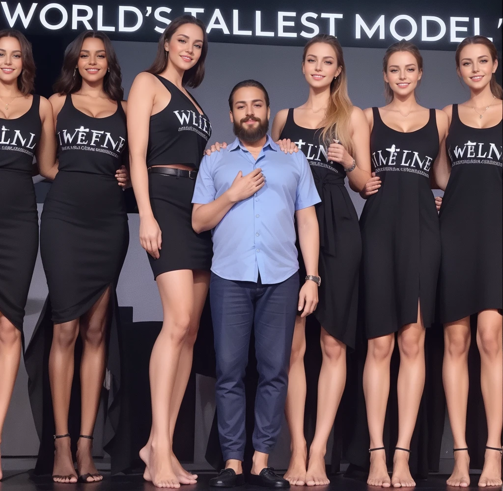 Three tall girls on the lfe left, three tall girls in the right, short man in the middle, the girls are much taller than the man, girls have big  and cleavage, girls are wearing black, man is wearing blue shirt, girls are standing barefoot, man is wearing shoes,