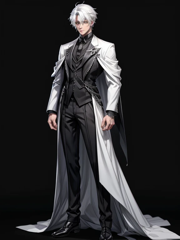 Tall male with Black and white hair, standing in black/white fantasy suit, semi realism