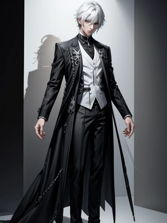 Tall male with Black and white hair, standing in black/white fantasy suit, semi realism