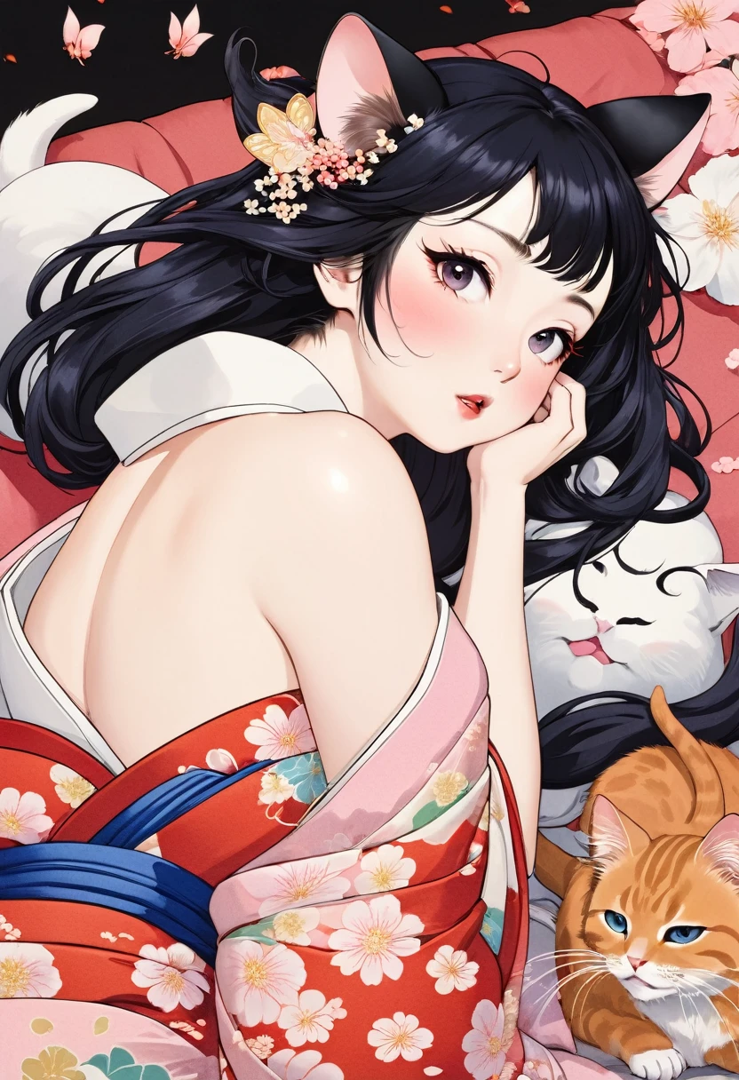 (utamaro style:1.2) , Hallucination, daydream , nightmare , Insane Dream , bokeh , erotica , romance , realistic mouse nymph and realistic cat , kimono , futon , Petals fluttering down , Single eyelids, round nose, swollen cheeks , glossy lips , Mount Fuji, Hawk, licking Eggplant , Collarbone