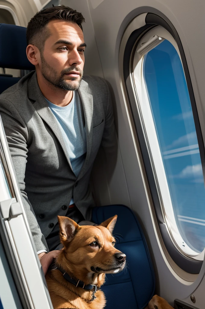 adult man with his dog inside the plane going to travel looking out the plane window, high resolution, ultra detaild