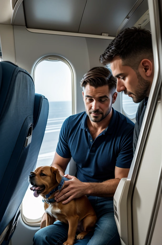 adult man with his dog inside the plane going to travel looking out the plane window, high resolution, ultra detaild