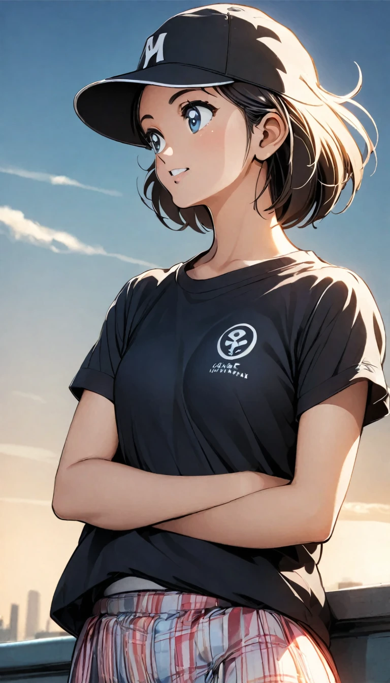 A girl with short hair wearing a baseball cap backwards、boyish、Spiky Hair、Fluttering Hair、fine、bright、stylish、Casual clothing、Casual Background、Cool angle、
