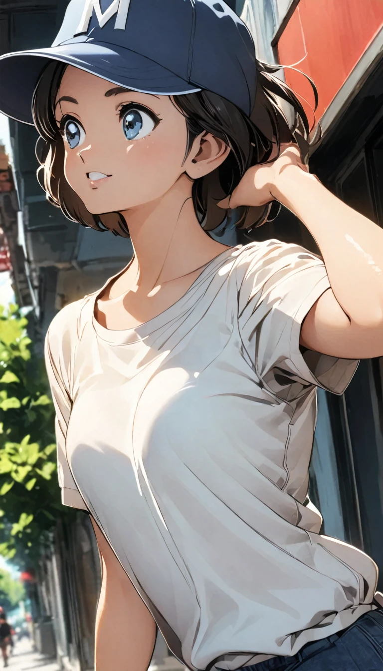 A girl with short hair wearing a baseball cap backwards、boyish、Spiky Hair、Fluttering Hair、fine、bright、stylish、Casual clothing、Casual Background、Cool angle、
