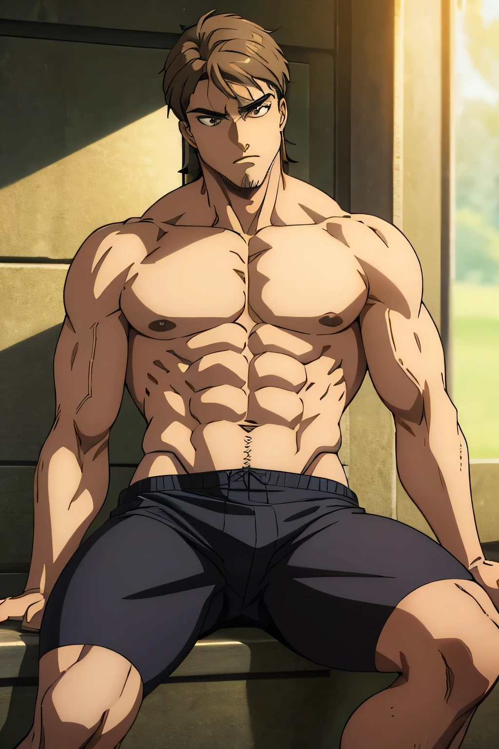 Jean is sitting and flexing his buff biceps and thighs. He wears black short boxershorts. You can see his thighs. He is shirtless. He is showing his abs too. He is admiring his arms.