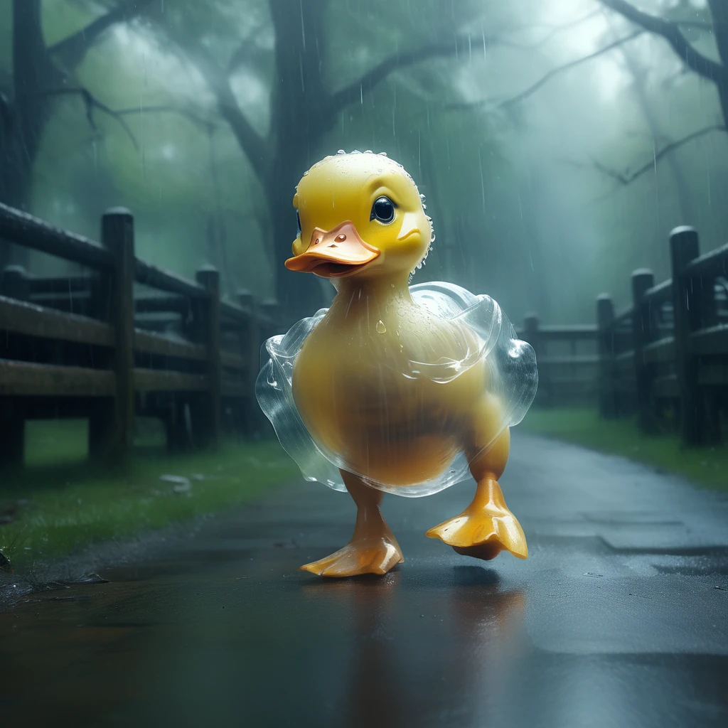 a (translucent ghost grey baby duck:1.1) running, forest, raining,
8k, high quality, surreal,