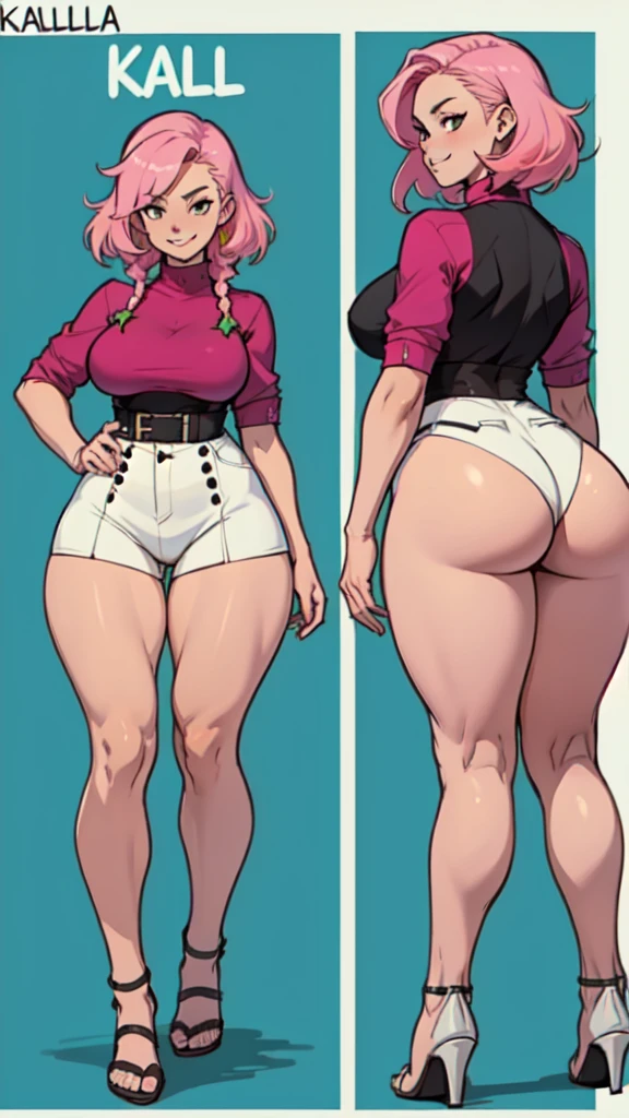 tall woman , high-waist e seios gota, Kale, mulher pelada Kalea, high skinny thighs, Legs long, high-waist, Kale sem roupa enorme enorme ((work of art)),(((best qualityer))),((character design sheet)) ,((Vulgar)) , voluptuous girl, ssmile,((between the breasts)) , , pink hair, pink hair