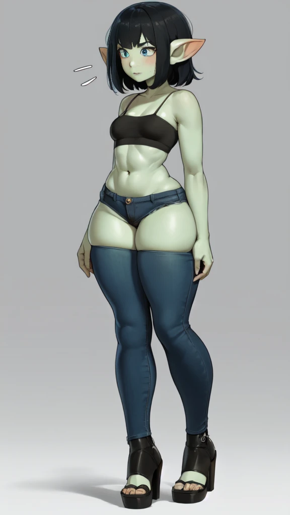 1 girl, small, goblin girl, female goblin, goblin, (green skin), ((large ears)), full body, jeans hot pants, (((short black hair))), ((small chest)), ((wide hips, thick thighlat )), Mature looking, (((Full body)))