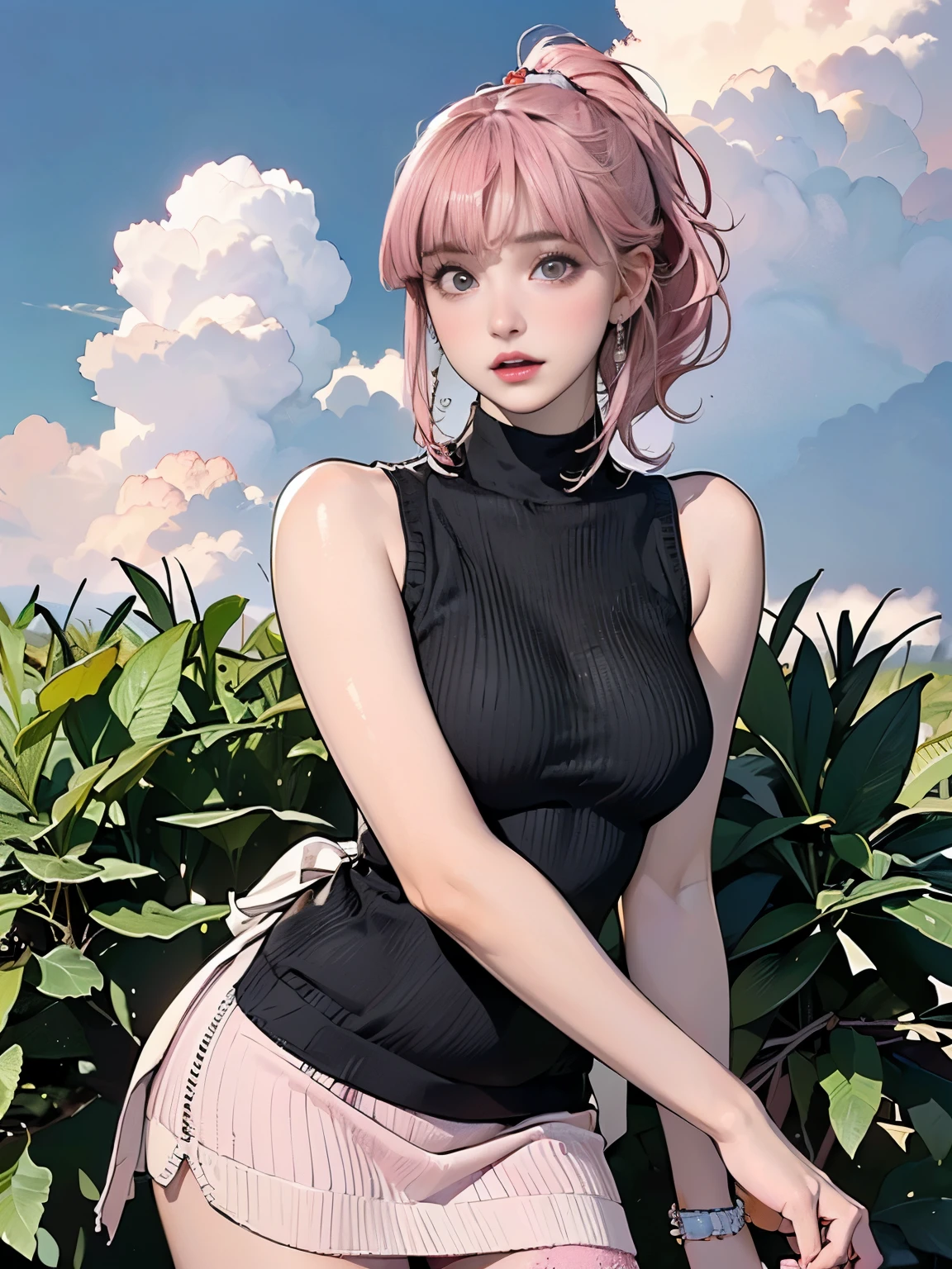 ((((Highest quality))))、(((Ultra-precision CG16K wallpaper)))、(((masterpiece)))、(((Super detailed)))、(((Extreme detail)))、((1Mature 29 year old woman:1.6))、((Very beautiful Japan face of a person))、((Urizane Face:1.8))、((Soft wavy ponytail medium hair、blunt bangs:1.8))、(((Shiny pink hair:1.5)))、A delicately drawn beautiful face、Dark Eyes、double eyelid、High nose、Small nostrils、Small Mouth、Seductive lips、Beautiful breasts、((C cup size breasts))、Beautiful feet、eight-headed body、Perfect proportions、Perfect Anatomy、Perfect composition、Beautiful detailed shading、Beautiful, natural lighting、Beautiful detail glow、Depth of written boundary、(((High chroma)))、(((Real:1.9)))、((vivid:1.5))、((Beautiful Skin))、((Skin Texture))、((Realな皮膚感))、(((Cowboy Shot:1.6)))、((front view、shoot from front、front low angle:1.6))、(((Half-open mouth、Surprised face:1.3)))、((The woman is looking at this、looking at viewer:1.6))、Bright daylight、Natural light、(((Grass Square、cloud:1.5)))、(Standing pose:1.6)、(((Matte black high neck sleeveless summer knit mini dress:1.8)))、((Scrunchie Ribbon、Wearing earrings:1.5))、((Lace Stockings Clothed:1.3))、