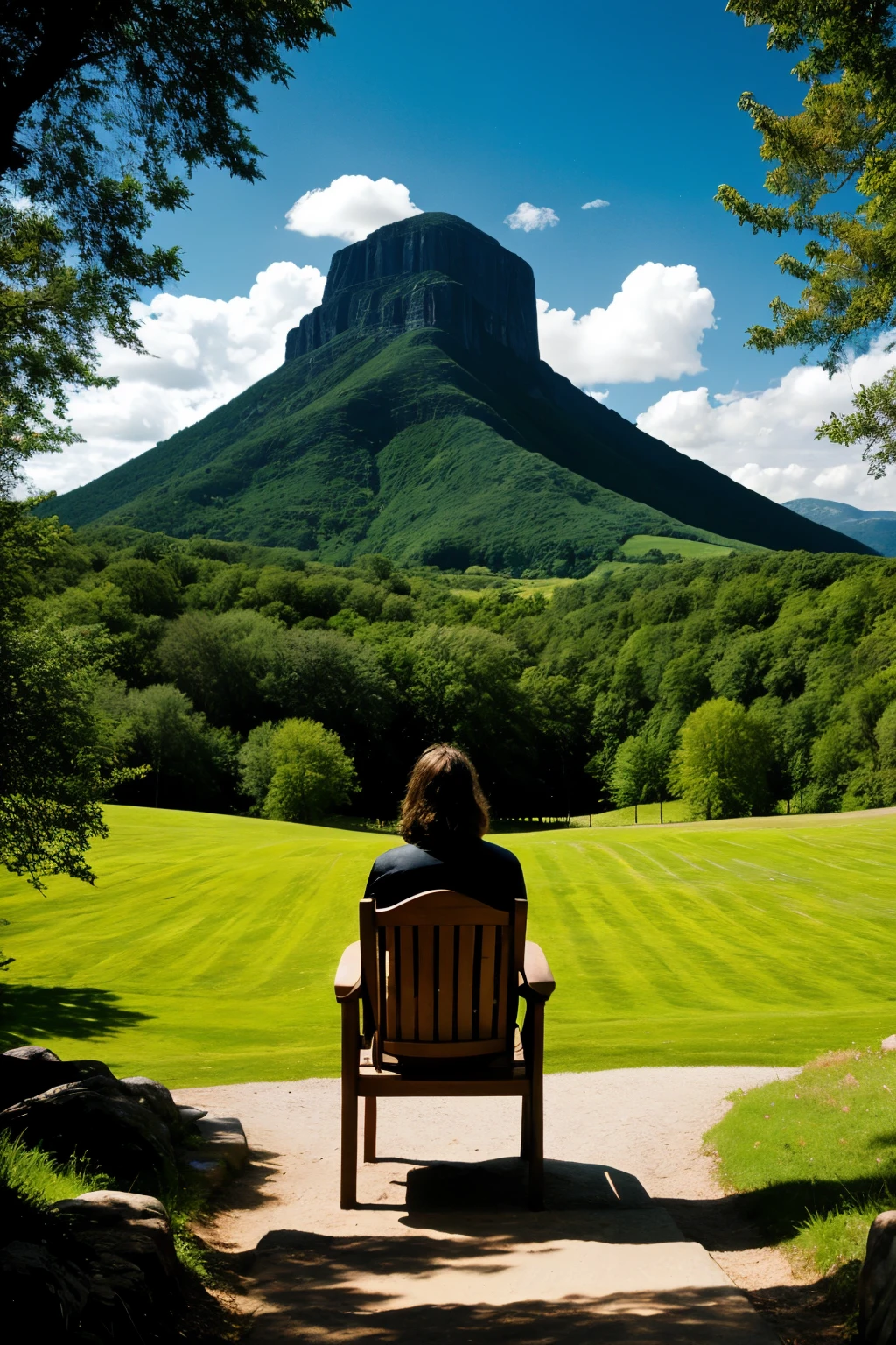 progressive rock album cover featuring a character seated from behind contemplating a magnificent landscape 