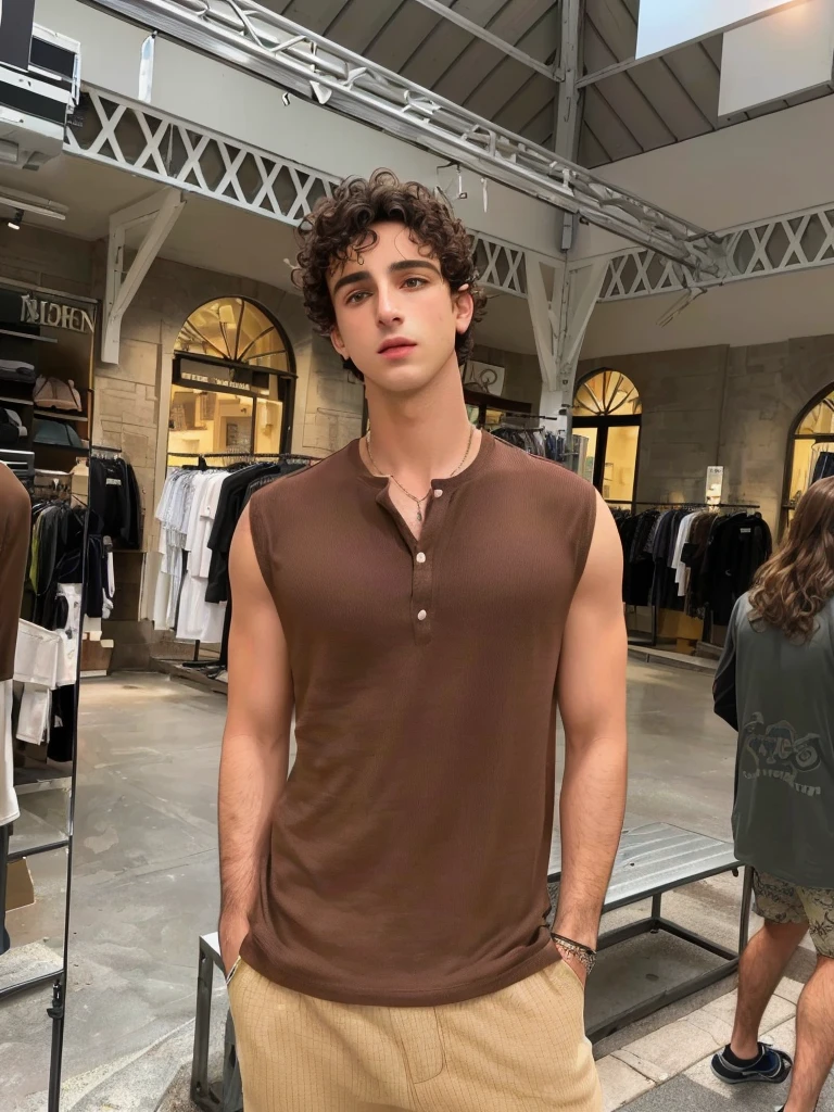 Arafed man standing in a clothing store wearing a brown shirt., he has short curly brown hair, artem, Adrien Girod, by Alexis Grimou, timothy chalamet, zac retz, wearing a muscle shirt, federal plates, diego fernandez, wearing a tank top, by Alexander Runciman, profile picture