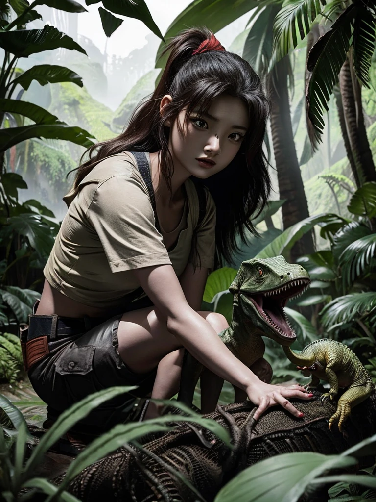 Chica linda como wang yiren, in jurassic park jurassic park with a little dinosaur.