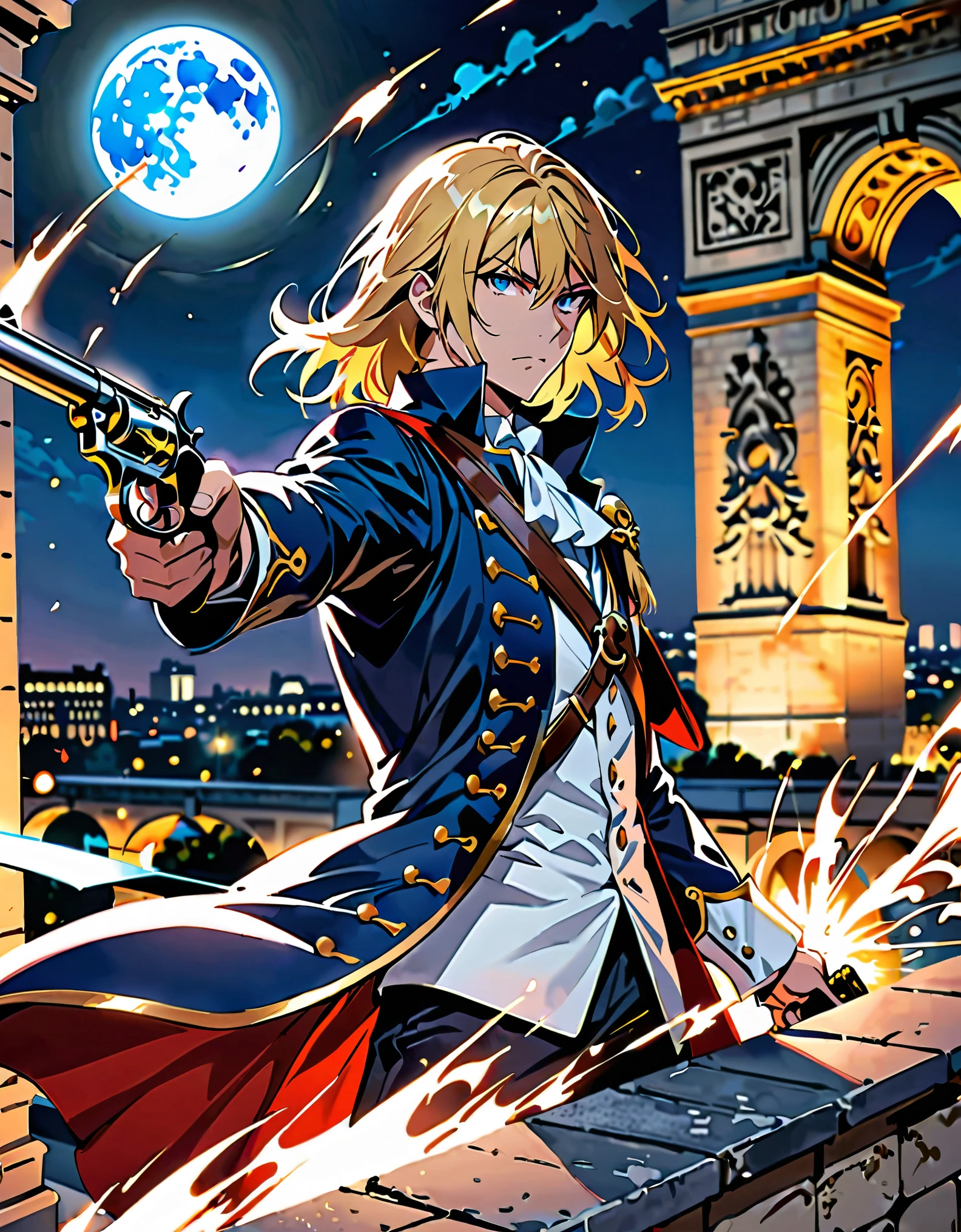(masterpiece), (best quality), (hires), 1man, solo, solo focus, male focus, dynamic action pose, handsome french male, musketeer, gentleman, holding weapon, holding gun, holding and aiming a flintlock pistol with one hand, muzzle flash, blonde hair, medium hair, hair down, blue eyes, (wearing edgmousquetaire), sheath, looking away, modern paris, night, outdoors, rooftop, ledge, arc de triomphe, full moon