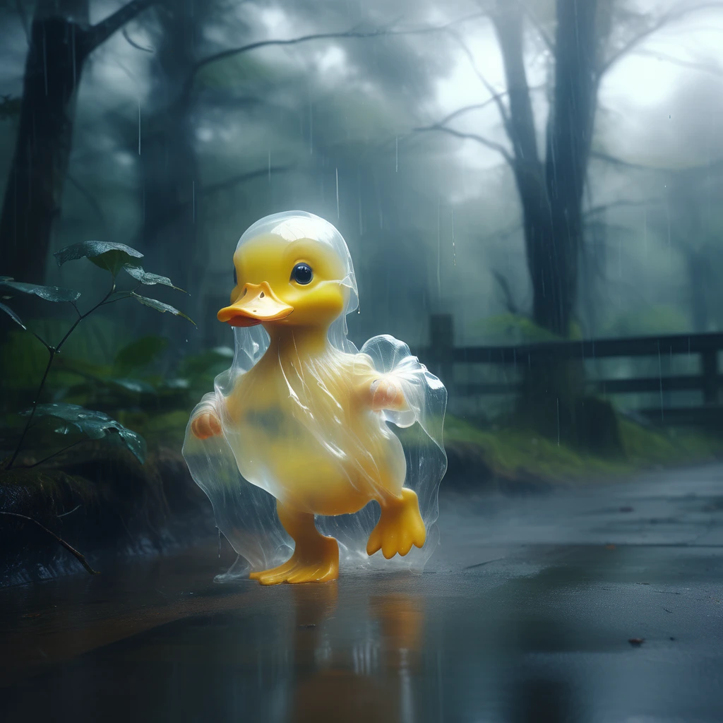 a (translucent ghost duck:1.1) running, forest, raining,
8k, high quality, surreal,