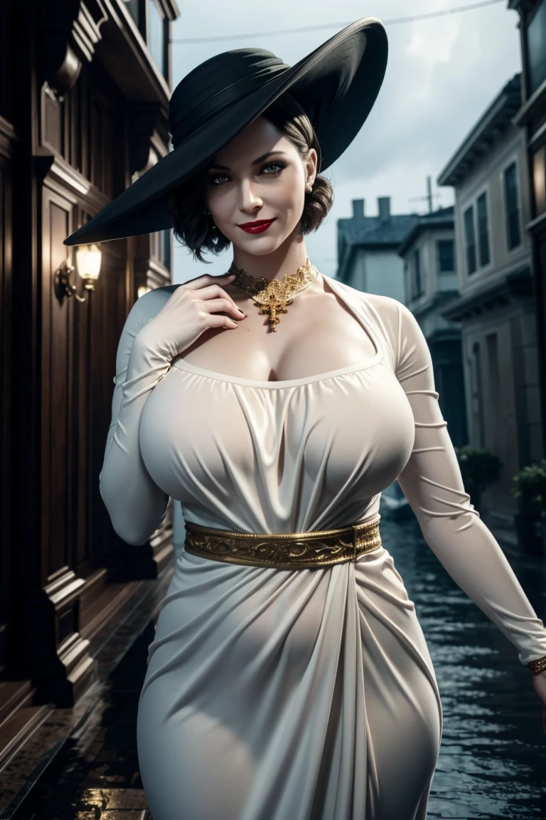 Resident Evil 8,Madame Dumitrescu,Short Hair,Pure white skin,Golden eyes,tall,White long dress,Black hat, black rose brooch,Photorealistic,Ultra HD,high quality,masterpiece,Digital SLR,Detailed details,Intricate details,Anatomical basis,Depicted in detail,A detailed face,Realistic skin texture,Vivid details,Perfect Anatomy,Perfect Anatomy,Anatomically correct hand,Anatomically correct fingers,Super Detail,Complex 3D rendering,Sexy pose,Rainy Sky,Beautiful scenery,Fantastic rainy sky,Picturesque,Red Lip,smile,