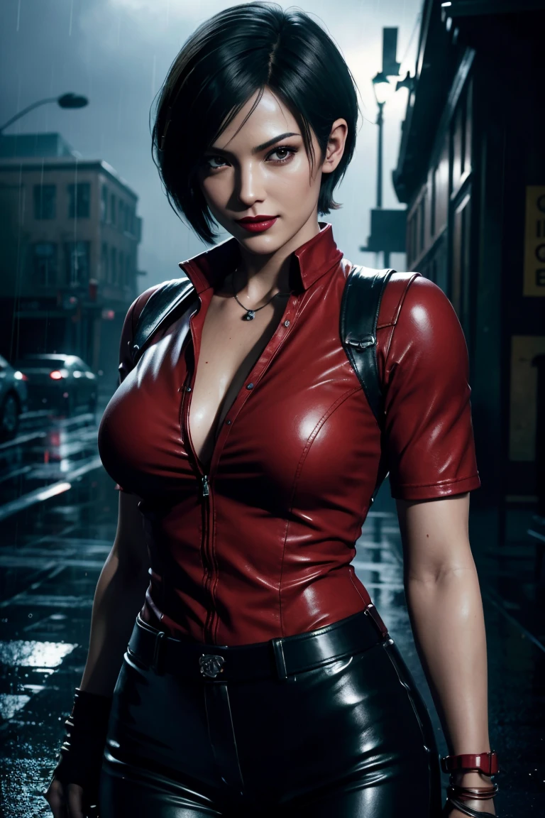 Resident Evil 6,Ada,Short Hair,Red Shirt,Stand up your collar,Black Leather Pants,Photorealistic,Ultra HD,high quality,masterpiece,Digital SLR,Detailed details,Intricate details,Anatomical basis,Depicted in detail,A detailed face,Realistic skin texture,Vivid details,Perfect Anatomy,Perfect Anatomy,Anatomically correct hand,Anatomically correct fingers,Super Detail,Complex 3D rendering,Sexy pose,Rainy Sky,Beautiful scenery,Fantastic rainy sky,Picturesque,Red Lip,smile,