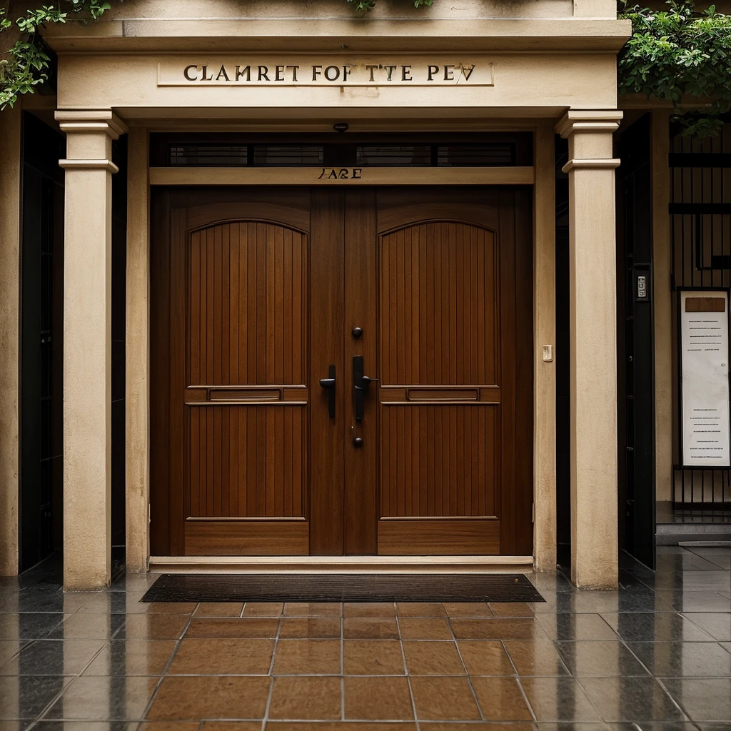 Bar portal, caro, classic and elegant. A doorway in the rain with a letter tied to one of the bars. It rains a lot. Envelope tied to one of the bars of the portal. it's night. dark night.