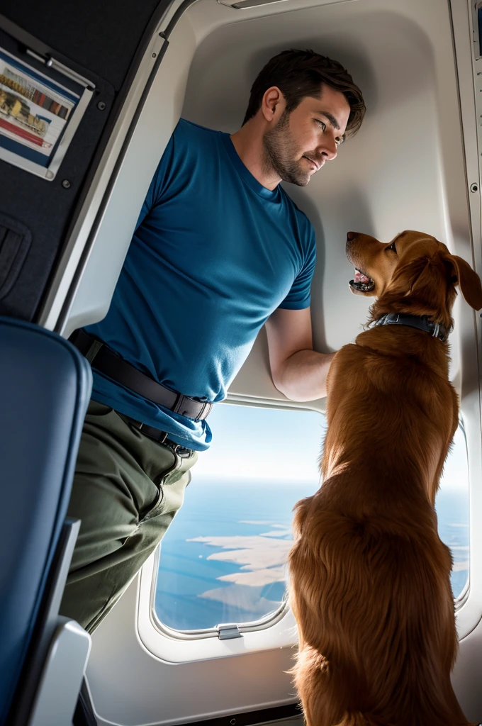 adult man with his dog inside the plane in wide shot, going on a trip looking out the plane window, high resolution, ultra detaild
