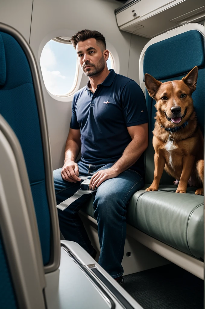 adult man with his dog inside the plane in wide shot, going on a trip looking out the plane window, high resolution, ultra detaild