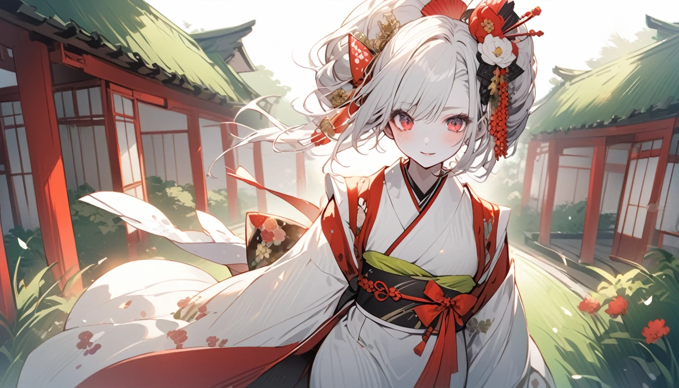 Beautiful courtesan from Edo Japan, white hair, pale skin, crimson red eyes, soft expressions, elegant kimono of a geisha, traditional geisha hairstyle, walking in a green garden