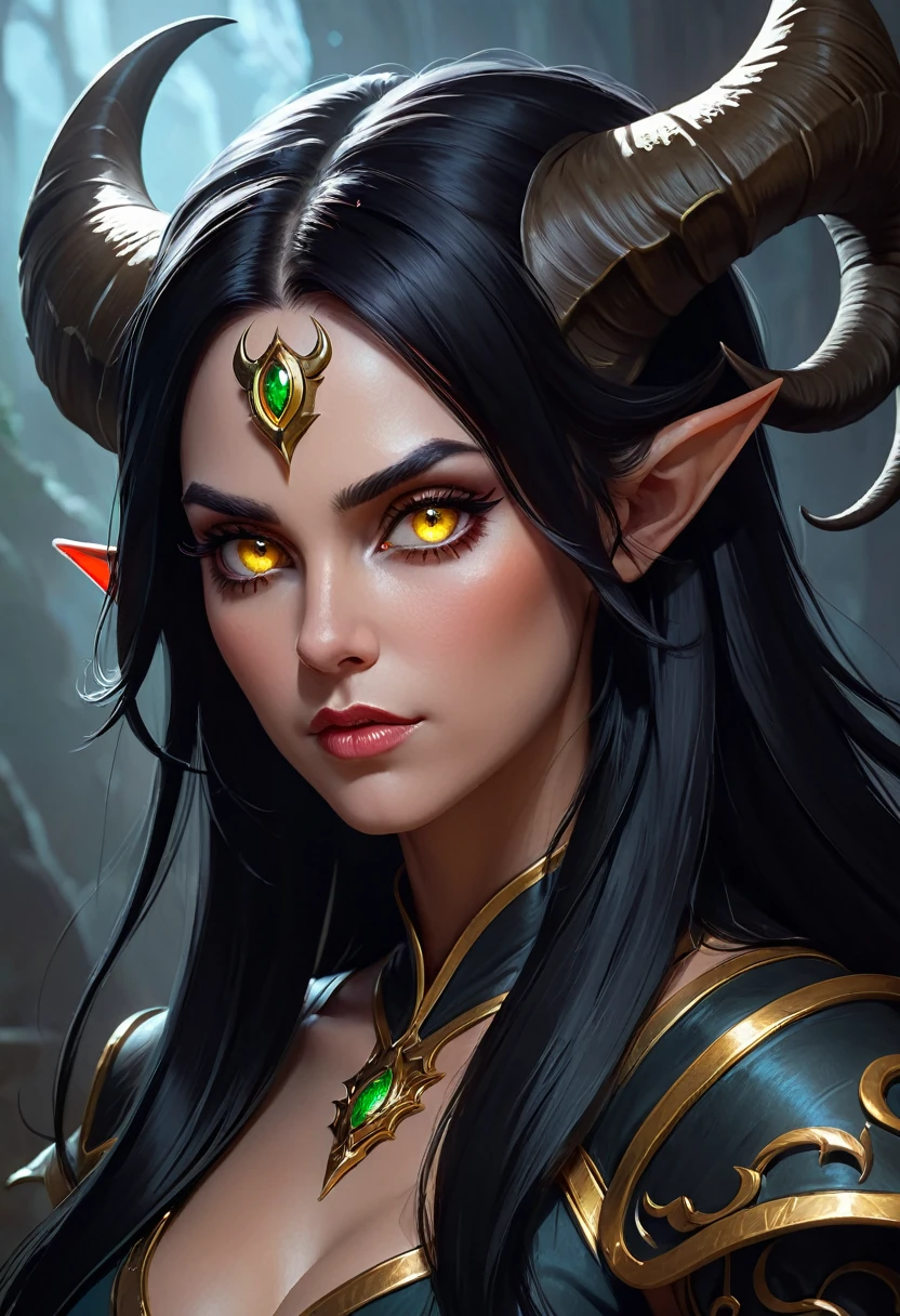 studio portrait of female demon, long black hair, ram horns, d&d, rpg, forgotten realms, artstation trending, high quality, sombre mood, artstation trending, , fantasy, extremely detailed, digital painting, artstation, concept art, smooth, sharp focus, illustration, stunning lighting, art by artgerm and greg rutkowski, curvy woman, mature woman, beautiful face, harmonic face, best quality, amazing expressive eyes, fantasy character, beautiful and elegant elf queen, unreal motor render, grumpy lighting, glow, bright, mysterious, mystical, magical, rim lighting, vibrant