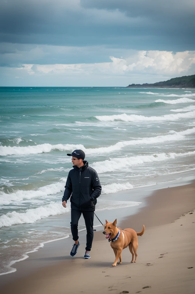 a dog walking along the beach.