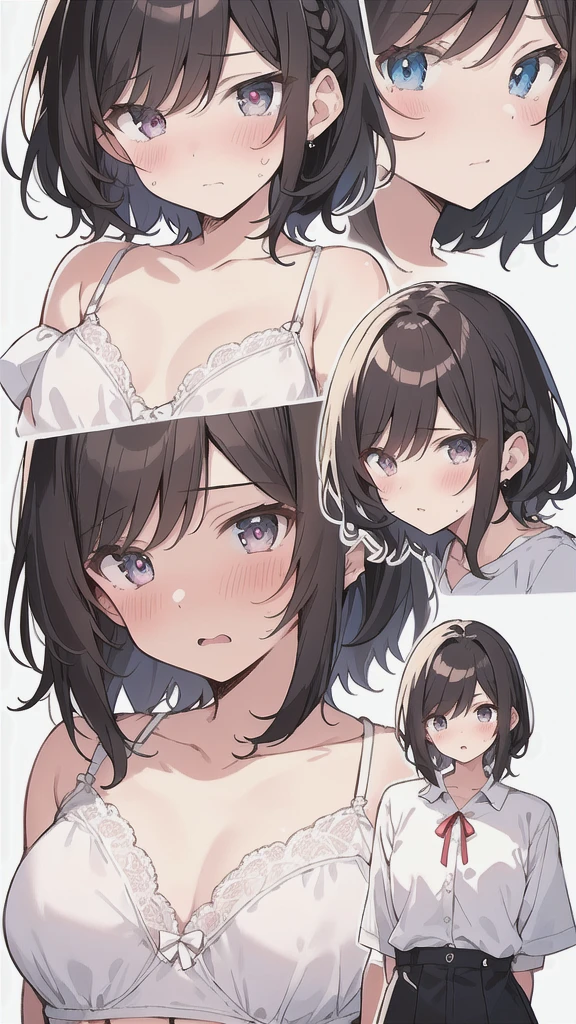 top quality, masterpiece, ultra high resolution, 8k, sun,  ((white panties, polka dot Panties, ultra-small panties,)), ((white bra)),  (((breasts, Well-endowed))), girl manga style, soft line art, digital enhancement, girl manga touch,  (short hair),braid, red ribbon, soft drawing, beautiful black hair, clear eyes, ((flustered gesture, surprised expression)), ultra-detailed digital anime art, clear face depiction, ultra-detailed girl manga character art, clear facial features,   (lower body) , face focus, beautiful and aesthetic:1.3、High quality:1.3