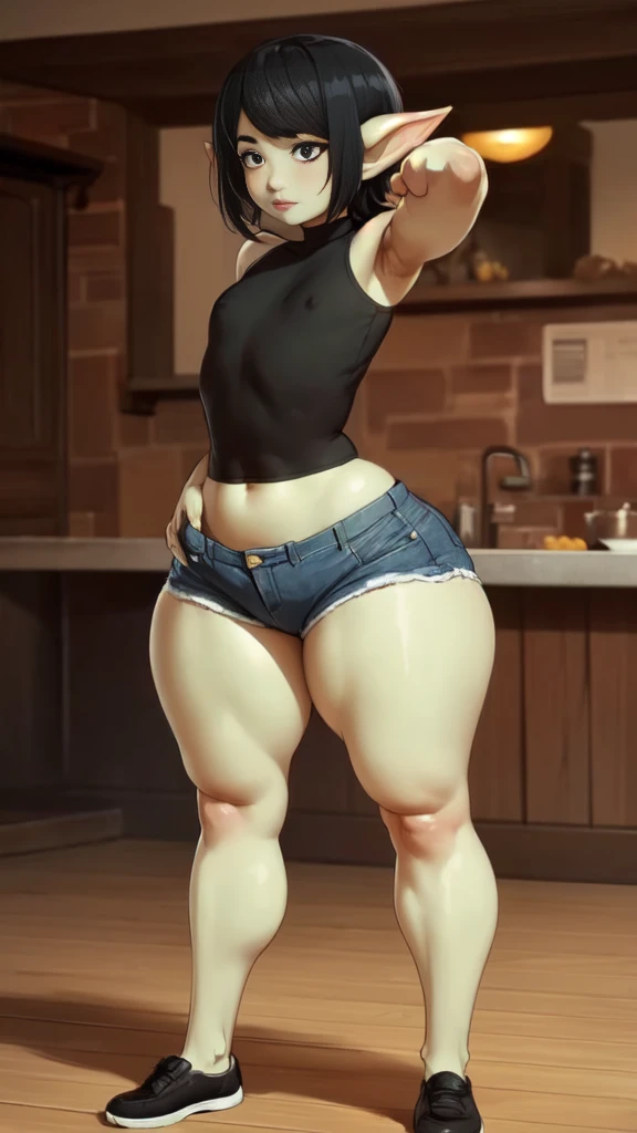 1 girl, small, goblin girl, female goblin, goblin, (green skin), ((large ears)), full body, jeans hot pants, (((short black hair))), ((small chest)), ((wide hips, thick thighlat )), Mature looking, (((Full body))), by front, pray position hands