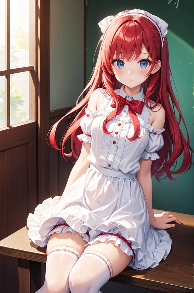 One girl、Red Hair、Ribbon decoration on head、blue eyes、Bloomers at school、Woman wearing white maja at home