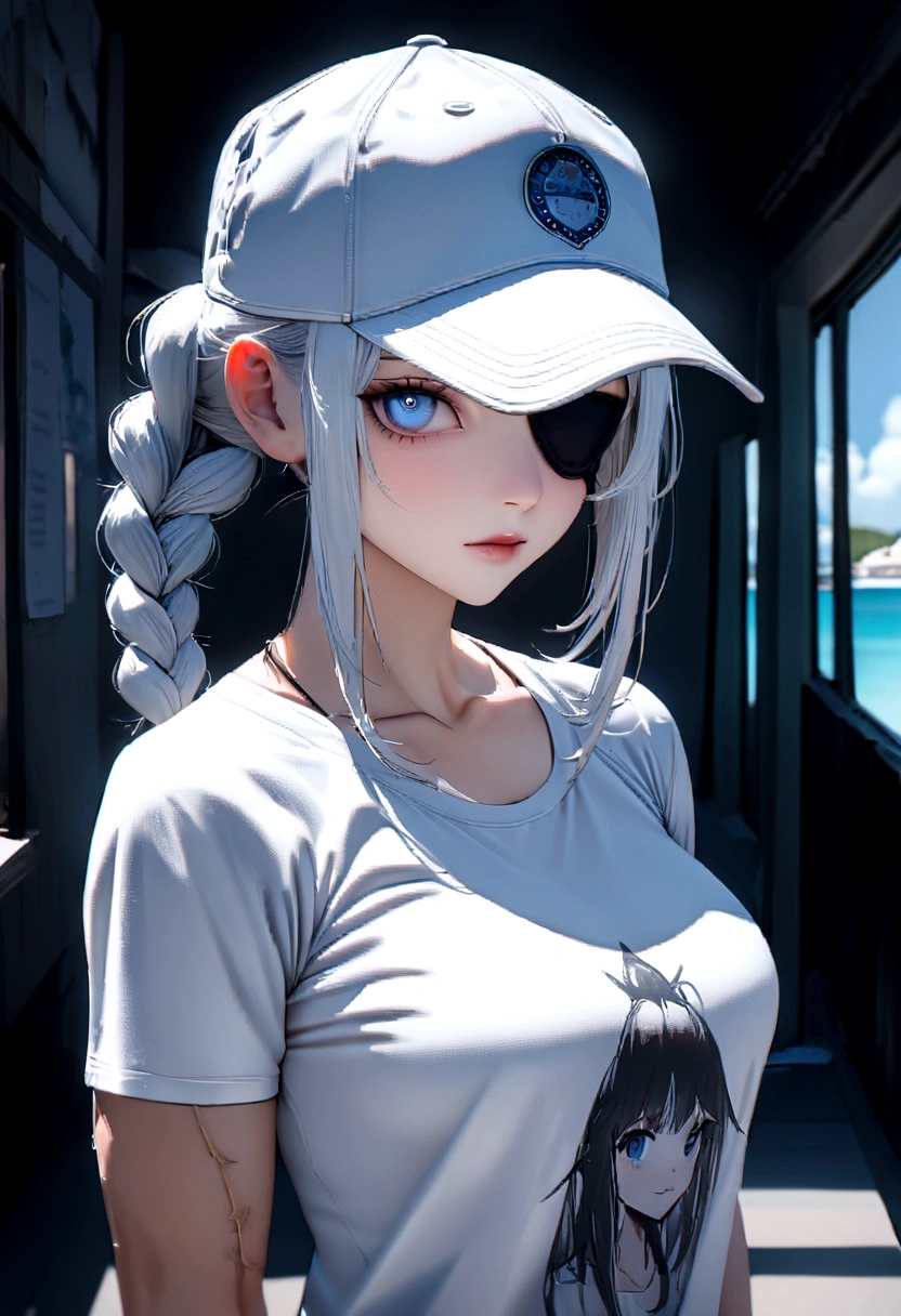 (absurdities, 8K, 4k, masterpiece, hyper extreme detailed:1.2), Alone, 1 girl, portrait, Best Quality, expressive eyes, perfect face, portrait, looking at the viewer, Alone, standing, Casual clothes, toned, by white, eye patch, braided hair, wide, medium breasts, Scars, Blue eyes, very wide, military, Bermuda, White T-shirt, toned body, athletic body, muscular, friendly, calm, graphic t-shirt, medium bust, graphic t-shirt, baseball cap,