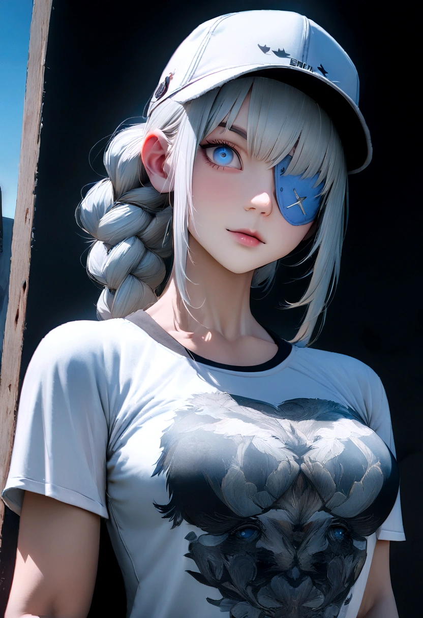 (absurdities, 8K, 4k, masterpiece, hyper extreme detailed:1.2), Alone, 1 girl, portrait, Best Quality, expressive eyes, perfect face, portrait, looking at the viewer, Alone, standing, Casual clothes, toned, by white, eye patch, braided hair, wide, medium breasts, Scars, Blue eyes, very wide, military, Bermuda, White T-shirt, toned body, athletic body, muscular, friendly, calm, graphic t-shirt, medium bust, graphic t-shirt, baseball cap,