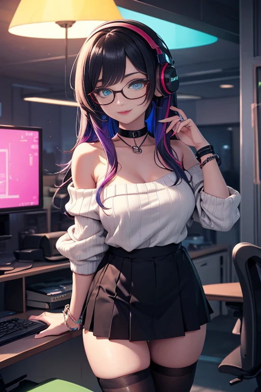 ((best quality)), ((masterpiece)), ((detailed eyes)), perfect face, female, gamer girl, aqua eyes, cherry-red lips, light smile, long black hair, purple streaks, wearing headphones, bangs, ribbon, choker, bracelet, nerdy glasses, sleeves past fingers, white off-shoulder sweater, large breasts, black skirt, thigh-highs, gamer girl's bedroom, nighttime, neon lights, colorful lights