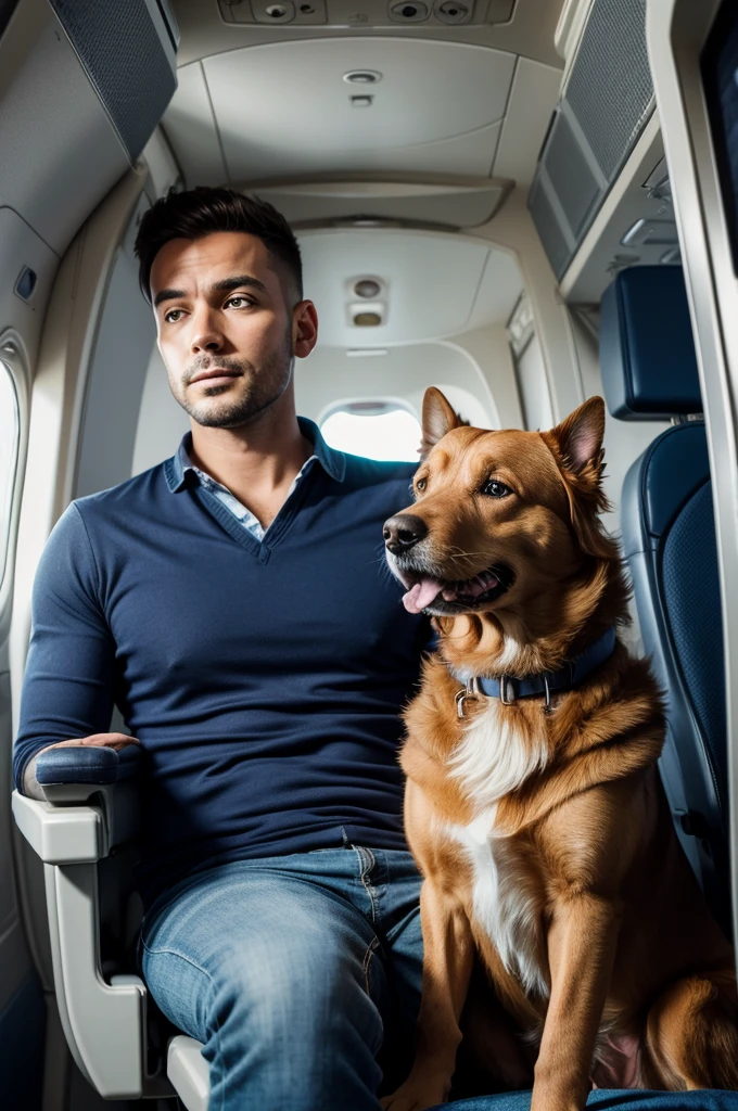 adult man with his dog inside the plane in a wide shot, sitting comfortably, going on a trip looking out the plane window, high resolution, ultra detaild