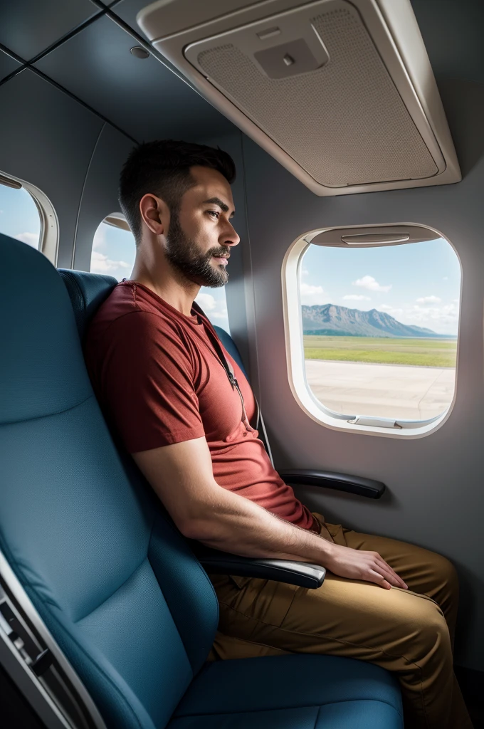 adult man with his dog inside the plane in a wide shot, sitting comfortably, going on a trip looking out the plane window, high resolution, ultra detaild