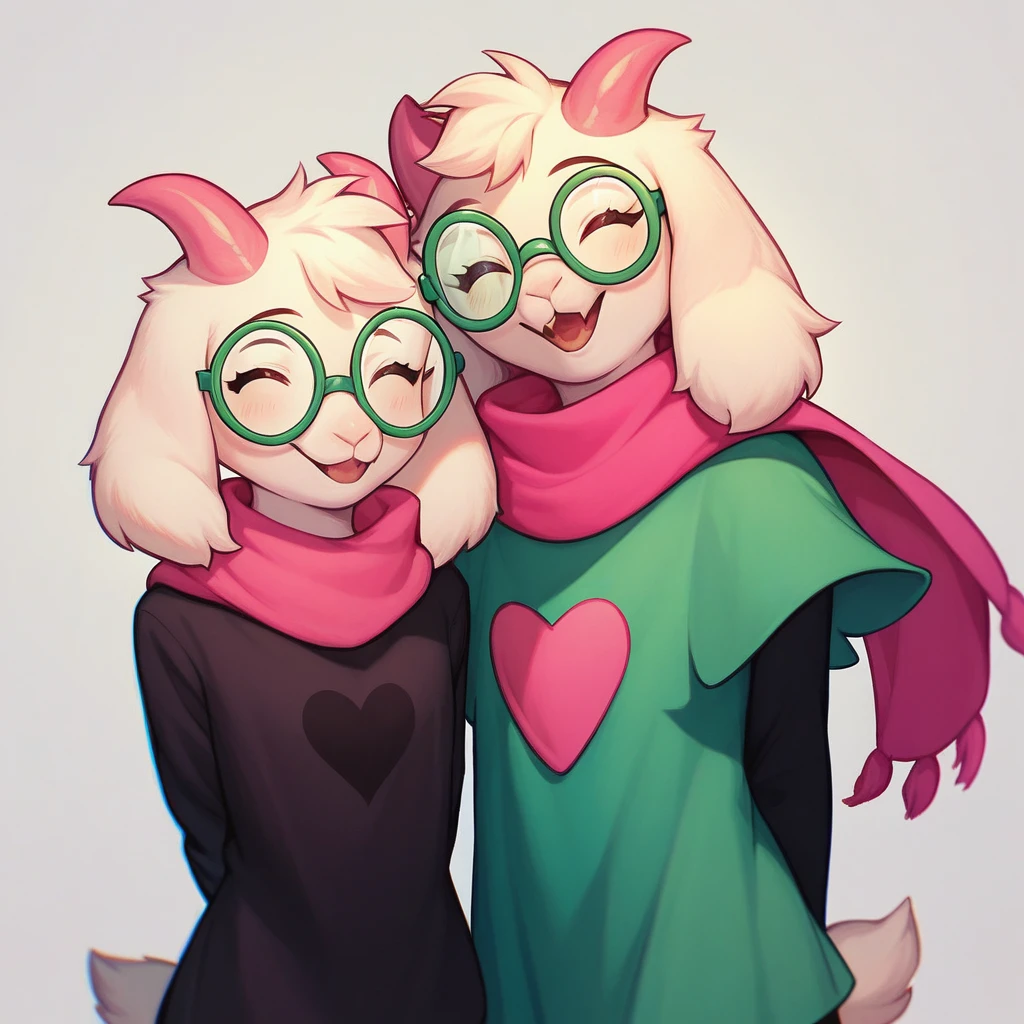 (score_9, score_8_up),furry, fur, face, Ralsei(deltarune), goat, white fur, pink horns, black sleeves, cute, green glasses, hatless, green shirt, standing, arms behind back,pink scarf,closed eyes, happy, head tilt