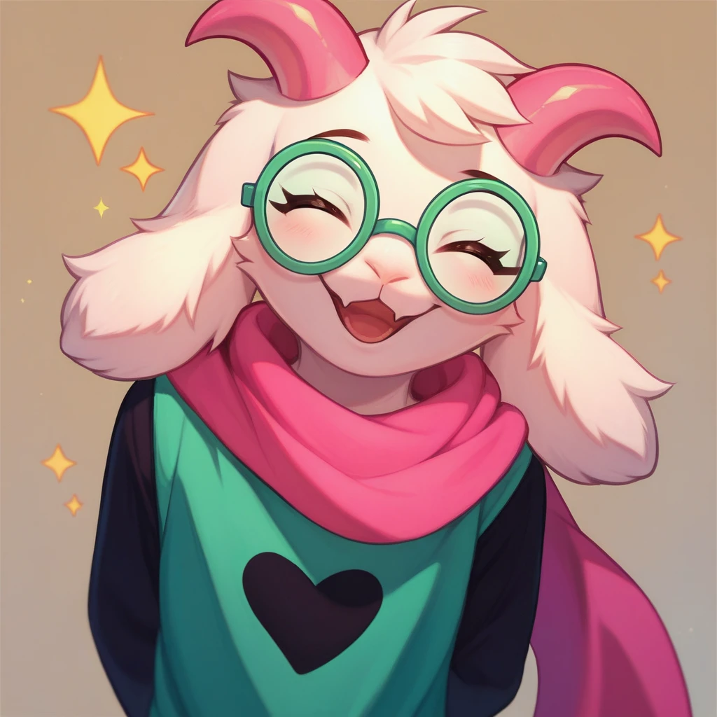 (score_9, score_8_up),furry, fur, face, Ralsei(deltarune), goat, white fur, pink horns, black sleeves, cute, green glasses, hatless, green shirt, standing, arms behind back,pink scarf,closed eyes, happy, head tilt