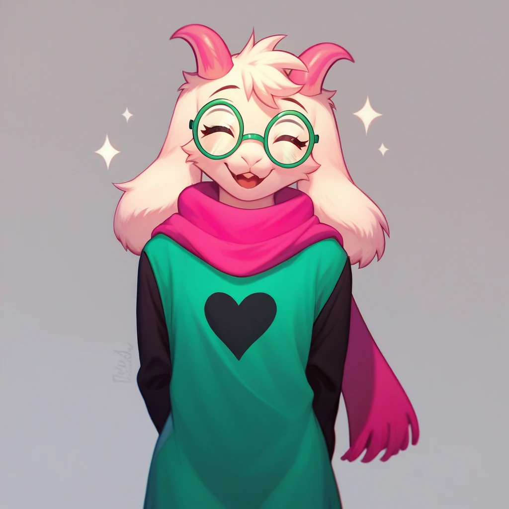 (score_9, score_8_up),furry, fur, face, Ralsei(deltarune), goat, white fur, pink horns, black sleeves, cute, green glasses, hatless, green shirt, standing, arms behind back,pink scarf,closed eyes, happy, head tilt