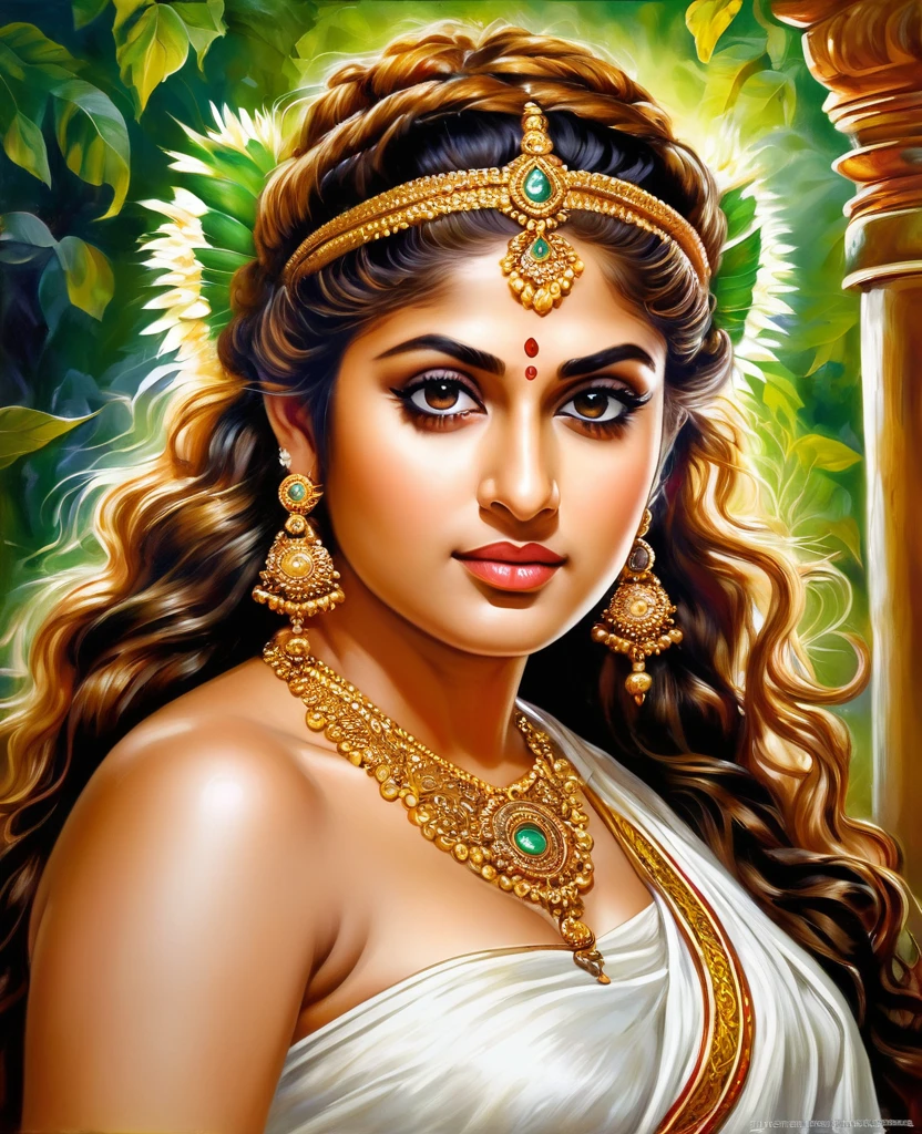 Looks like Nayanthara, exotic Indian art, oviyar maruthi style painting, Masterpiece, Beautiful Thick Woman, Best quality, high clarity eyes, critically flawless,sharp picture, Full portrait, High pixels, perfect face, perfect eyes, beautiful face, perfect hands,perfect fingers, in Peter Paul Rubens style, by Peter Paul Rubens, baroque style, acrylic on canvas, highly detailed, description: "Create a nymph inspired by the tales of Greek or Roman mythology, embodying the essence of a natural element or location, and possessing a unique ability or trait that sets her apart."