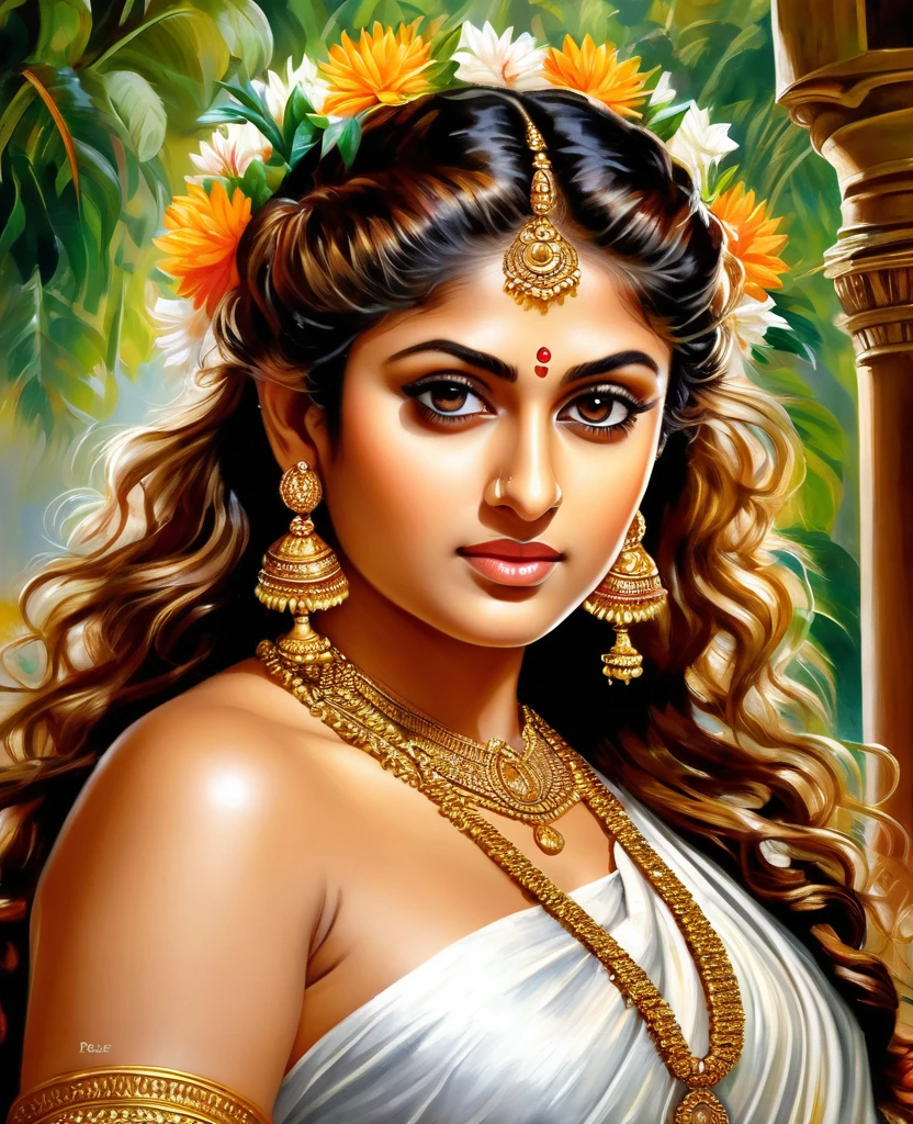 Looks like Nayanthara, exotic Indian art, oviyar maruthi style painting, Masterpiece, Beautiful Thick Woman, Best quality, high clarity eyes, critically flawless,sharp picture, Full portrait, High pixels, perfect face, perfect eyes, beautiful face, perfect hands,perfect fingers, in Peter Paul Rubens style, by Peter Paul Rubens, baroque style, acrylic on canvas, highly detailed, description: "Create a nymph inspired by the tales of Greek or Roman mythology, embodying the essence of a natural element or location, and possessing a unique ability or trait that sets her apart."