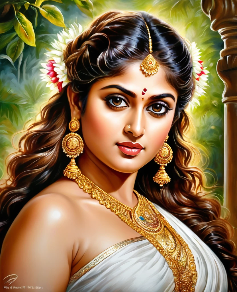 Looks like Nayanthara, exotic Indian art, oviyar maruthi style painting, Masterpiece, Beautiful Thick Woman, Best quality, high clarity eyes, critically flawless,sharp picture, Full portrait, High pixels, perfect face, perfect eyes, beautiful face, perfect hands,perfect fingers, in Peter Paul Rubens style, by Peter Paul Rubens, baroque style, acrylic on canvas, highly detailed, description: "Create a nymph inspired by the tales of Greek or Roman mythology, embodying the essence of a natural element or location, and possessing a unique ability or trait that sets her apart."
