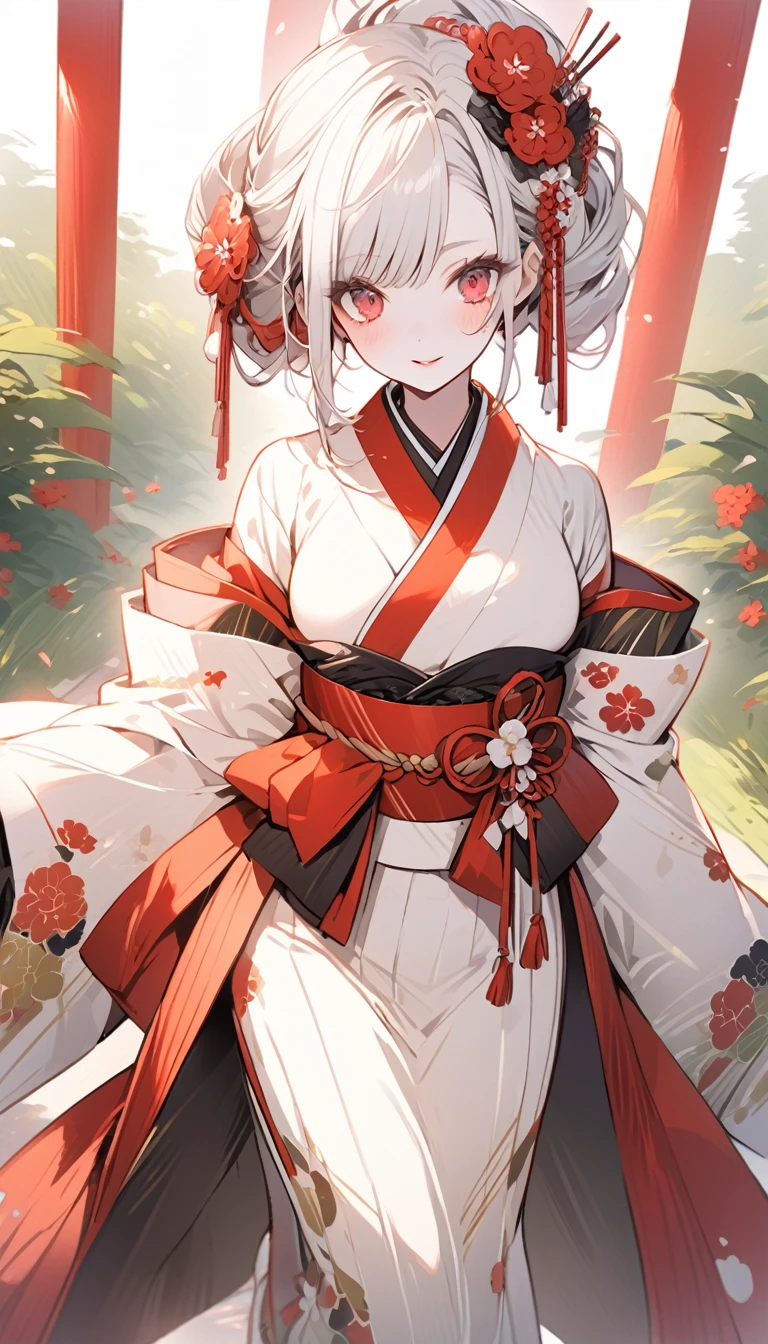 Beautiful courtesan from Edo Japan, white hair, pale skin, crimson red eyes, soft expressions, elegant kimono of a geisha, traditional geisha hairstyle, walking in a green garden