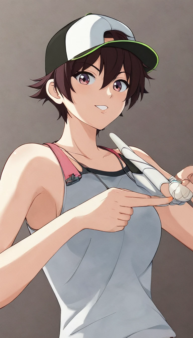 A girl with short hair wearing a baseball cap backwards、boyish、Spiky Hair、Fluttering Hair、fine、bright、stylish、Casual clothing、Casual Background、Cool angle、
