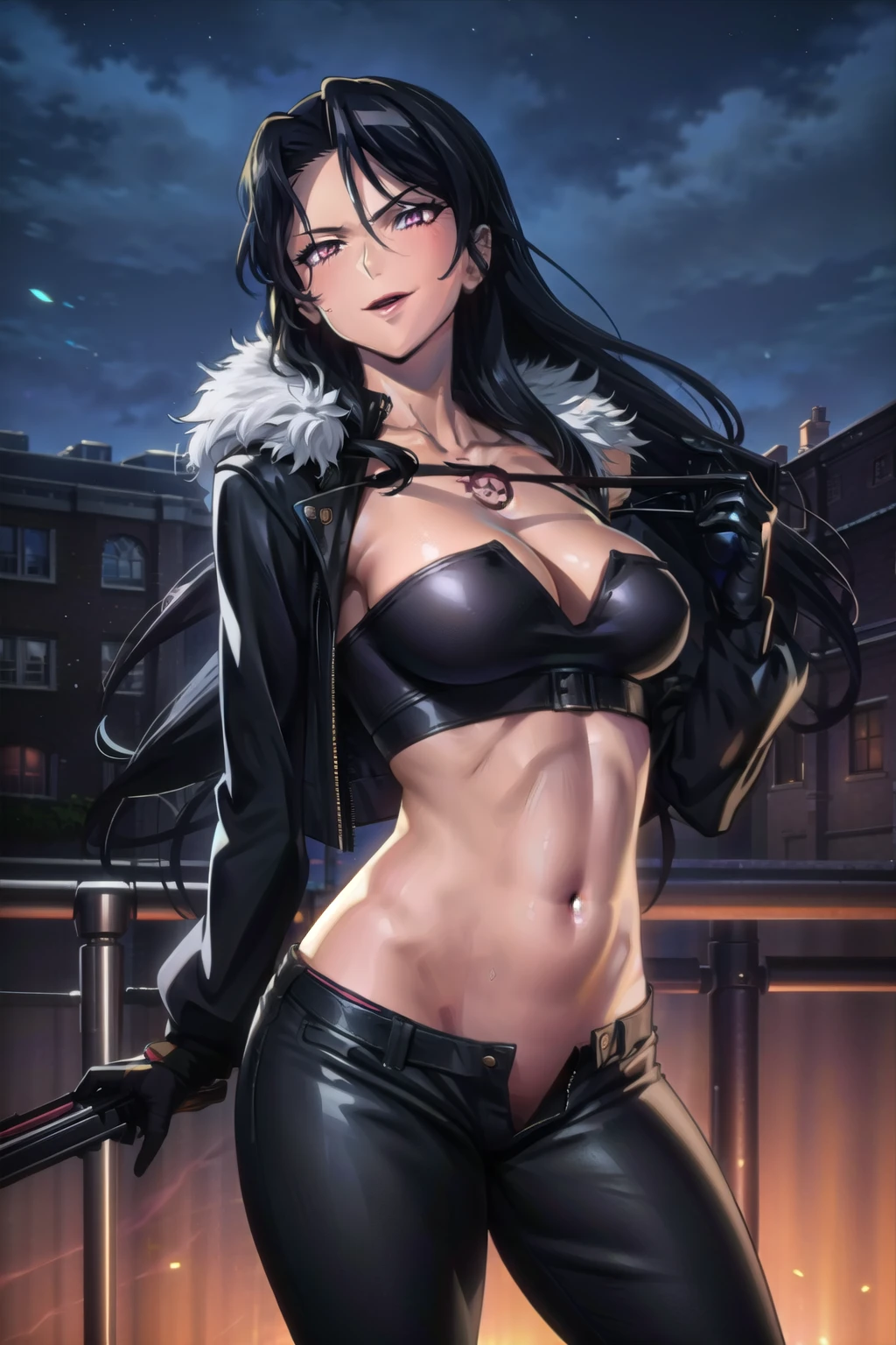 1girl, solo, lust \(fma\), licking lips, large breasts, evil smile, smile, blush, lipstick, fur trim, mature female, gloves, fur-trimmed coat, outdoors, rooftop, cityscape, building, railing, night, night sky, scenery, city lights, lipstick, masterpiece, best quality, highly detailed, a girls with a gun, evil smile , open mouth, sexy gaze, badass
pose , evil smile, smile, , guns blazing, anime girl with long hair, beautiful long
haired girl, navel, evil expression, exposed belly, exposed navel, exposed midriff, exposed lower belly,
long black pants, crop top, cleavage, unbuttoned leather pants ,open fly, low rise black leather pants,
leather jacket, holding a gun,
