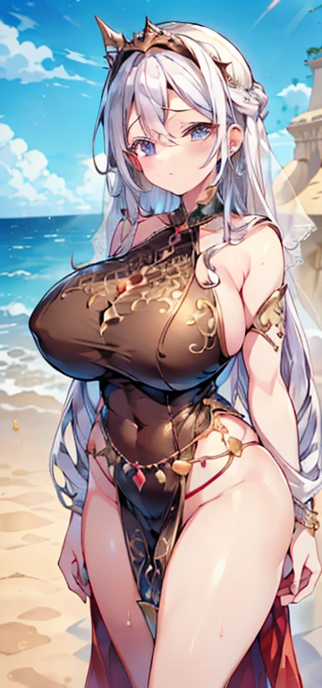 1womanl,35 year old,plumw,extremely large chest, only,(Background with:,A desert,sand dune,) She wears long silver hair,fool's head,Standing in the desert,,seen from the front, slickedback hair, almost cloudy sky,(((Masterpiece artwork),(very detailed CG Unity 8k wallpaper),best qualityer,cinematic lighting,detailed back ground,beautiful detailed eyes,shiny pupils,blue colored eyes,Pele branca como a neve,Redlip(Very fine and beautiful),(Beautiful and detailed description of the eyes),ultra detali,Masterpiece artwork,))facing the camera,A high resolution,ultra detali),Revealing breasts,Naked genitals, protuberance,legs are open,Raised sexy,camel fingers,Ruddy complexion,Desire for dissatisfaction,facade,Arabic style(dressing:veils,Hijab sacanagem,bridal gown,Gold thread embroidery)